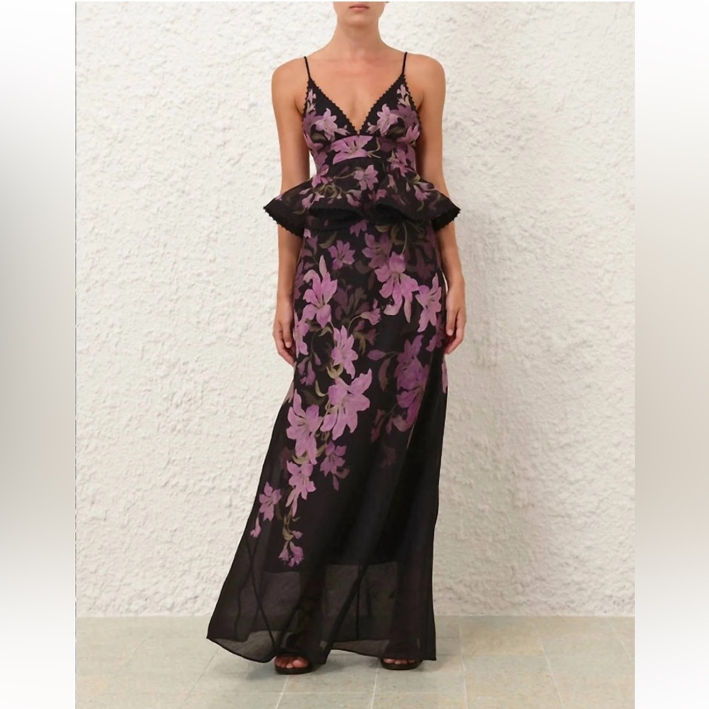 Zimmermann Dawning Floral Linen & Silk Peplum Gown Size 0 (US4)